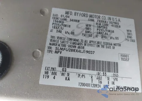 2004 Lincoln Navigator из США, поврежденный, VIN 5LMFU28RX4LJ19037